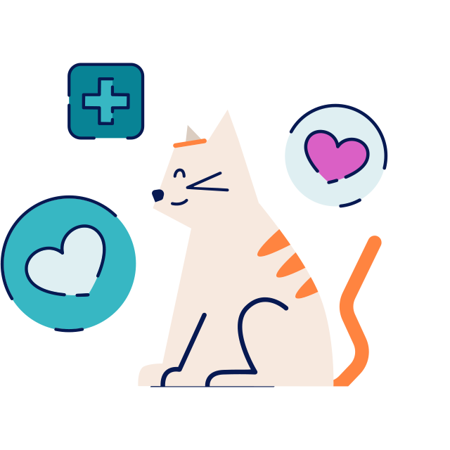 modern and flat style illustration of a happy cat surrounded by a medical symbol and hearts