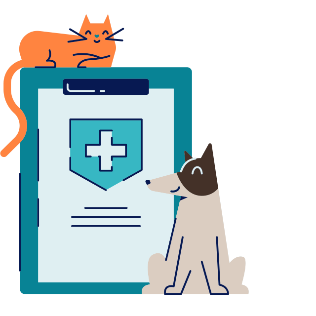 modern and flat style illustration of a happy dog and cat sitting next to a giant clipboard