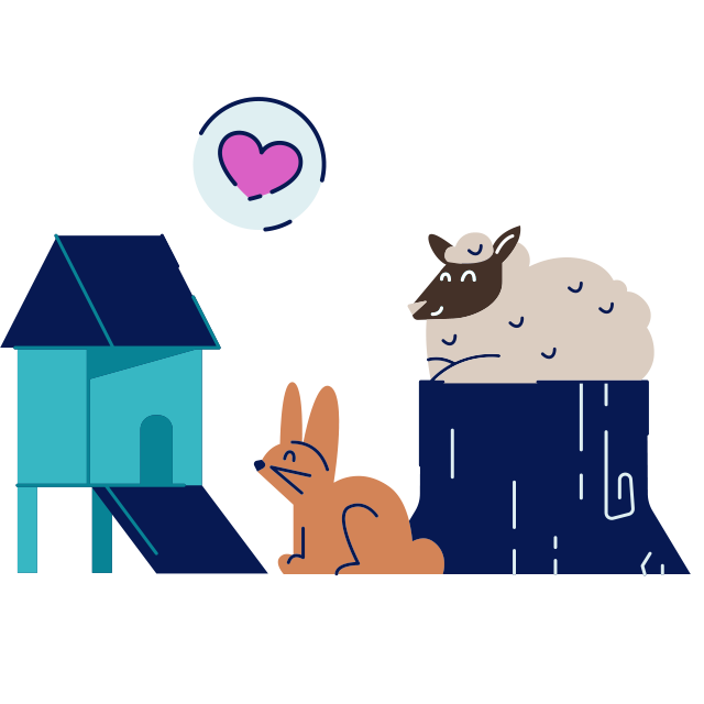 modern and flat style illustration of a rabbit and a sheep happily perched on some play furniture